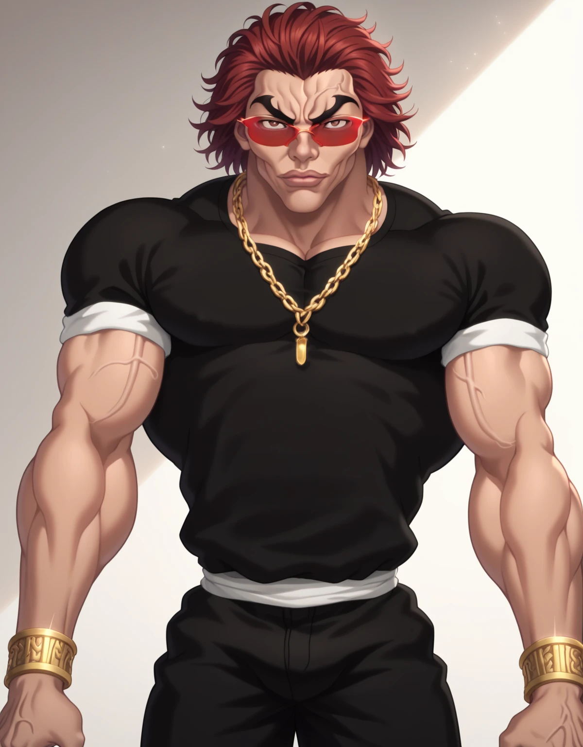 score_9, score_8_up, score_7_up, YujiroHanma, 1boy, male focus, solo, black shirt, chain necklaces, rings, bracelets, gold, sunglasses, red-tinted eyewear, muscular male, black pants, short sleeves, pupils, brown eyes, red hair, manly, veins, dynamic lighting, extremely detailed, cowboy shot, looking at viewer, SkylerWhiteYo, lips, very veiny, glare, white background