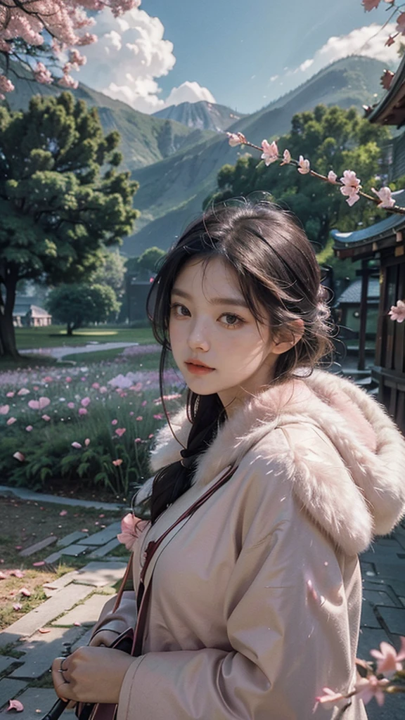 (best quality, masterpiece),(1girl, miko, coat, expression face, black eyes, looking at front ,black hair, walking, upper body), (night strray sky, huge old tree behind, falling glowing pink petals behind, shrine behind, mountain background, blowing wind, meteoric cloud)