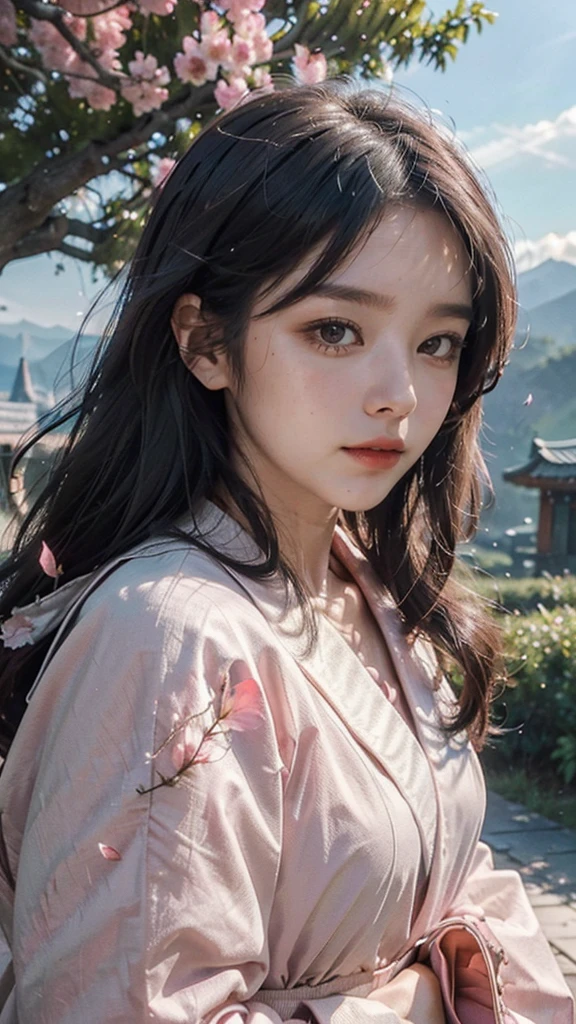 (best quality, masterpiece),(1girl, miko, coat, expression face, black eyes, looking at front ,black hair, walking, upper body), (night strray sky, huge old tree behind, falling glowing pink petals behind, shrine behind, mountain background, blowing wind, meteoric cloud)