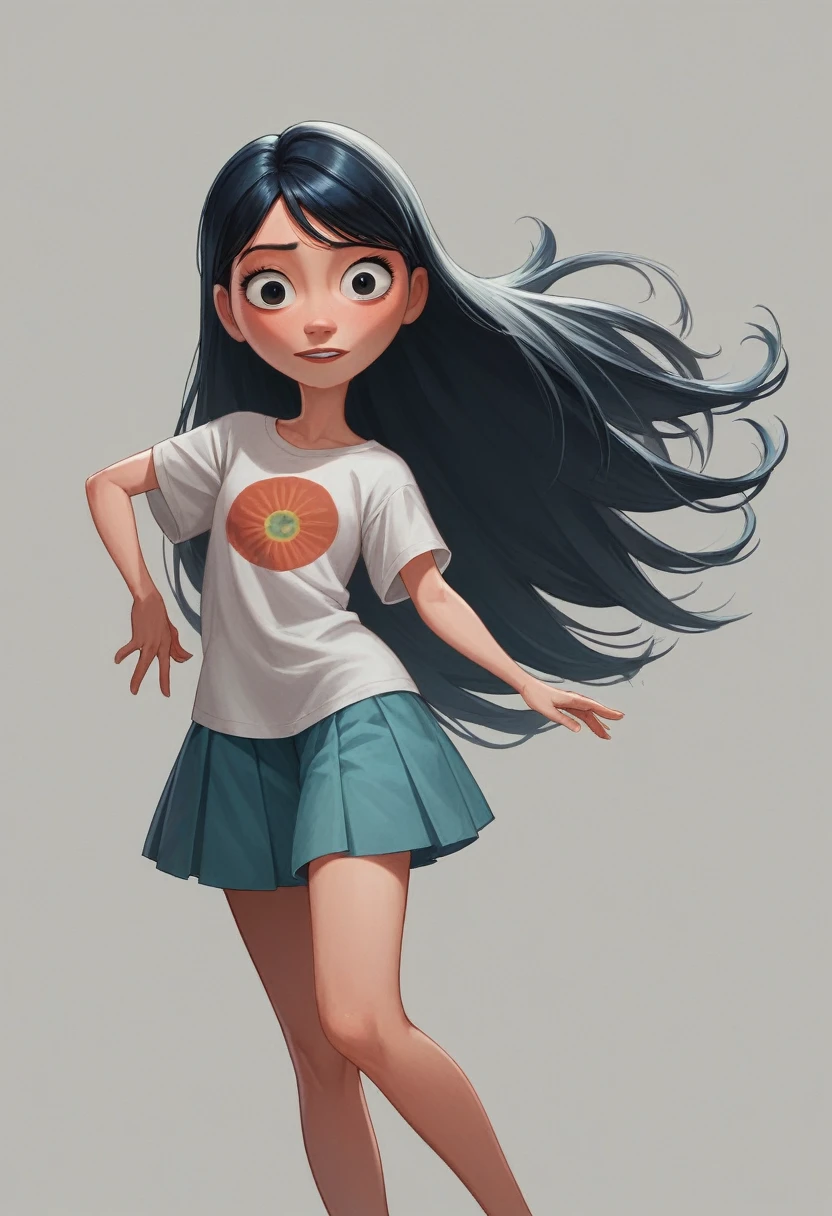 woman with black long hair, japanese, pixar anime syle, 3d