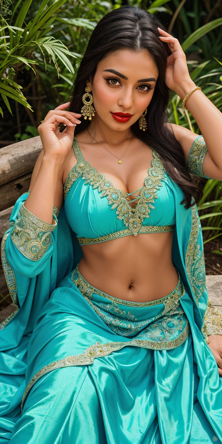 Create an 8k photo with the best quality, a masterpiece with UHD resolution, and a full-length body frame capturing the full body.
- The subject is a beautiful Bengali girl with a chubby body, slim belly, and slim waist.
- She should have a princess-like, queenly appearance with a cinematic photoshoot style, emphasizing her beautiful look and face.
- Her skin should be smooth, white, and spotless.
- The eyes should have prominently visible shape and symmetry with depth and allure, showcasing clear and unique iris patterns, such as rings and spokes.
- The sclera should be bright and vibrant, with long, thick eyelashes and well-shaped, thick eyebrows.
- The girl should have light blue eyes and wavy hair.
- Her garment design should be modern and elegant, made from high-quality, comfortable fabrics such as silk.
- The style of patterns and prints should be attractive and contemporary, such as floral designs.
- The garment should fit perfectly, enhancing the wearer's beauty with vibrant and appealing color combinations and featuring delicate, elegant detailing such as embroidery.
- Emphasize a big round chest, bulging chest, deep cleavage, and exposing chest, with extreme detail.
The background should combine deep blue and green colors, with light yellow and orange touches for vibrancy.
- A huge tree should be in the center, surrounded by a circle of flowers and a flowing river in the background.
- The rays of the sun should filter through the leaves, creating a play of shadow and light on the ground.
- The texture of the bark of the tree and the petals of the flowers should be clearly shown.
- There should be flowers and plants balanced on both sides of the tree.
- The main focal point should be the trunk of the tree, attracting attention.
- There should be a contrast between the leaves highlighted by the sun's rays and the deep blue sky.
- A calm flowing river and light hills should be visible in the background.
- The scene should be painted in a realistic style.