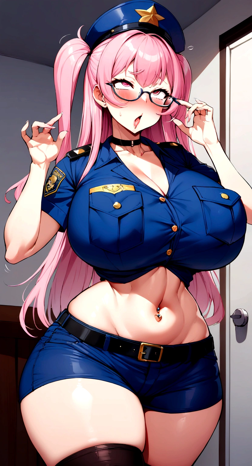 big lips, pink hair, pink eyes, cara japonesa Ahegao, improve, improve grin, two sides up, huge breasts, Wide hips, sexy, detailed,  room, Hits, Ahegao, kawaii, police pants, police, GOOD,police costume, police shirt,  choker, police pants, police shirt,navel piercing,ropa interior,huge breasts,use glasses 