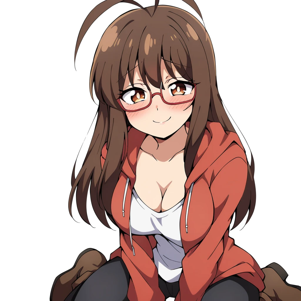 (mix1), anime art style, 2d, masterpiece, best quality, very aesthetic, absurdres, dynamic shadows, atmosferic, (1girl), (brown hair), antenna hair, long hair, brown eyes, eyeslashes, detailed eyes, glasses, ahoge, bangs, medium breasts, cleavage, collarbone, makeup, intense blush, red hoodie, white shirt, black pants, brown boots, open clothes, sexy smile, wariza, (cowboy shot), from front, looking at viewer, simple background, ((white background))