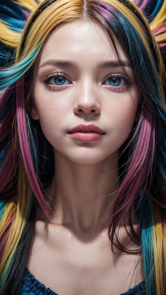 A vibrant and captivating abstract painting of a young woman's face, where the canvas is overlaid with intricate patterns of light reflections. The colors are bold and vivid, with a swirling blend of blues, oranges, and yellows. The woman's eyes are exaggerated and painted with a kaleidoscope of hues, while her lips are a bold fuchsia. The light reflections create a sense of depth and dimension, as if the painting is coming alive with energy., vibrant