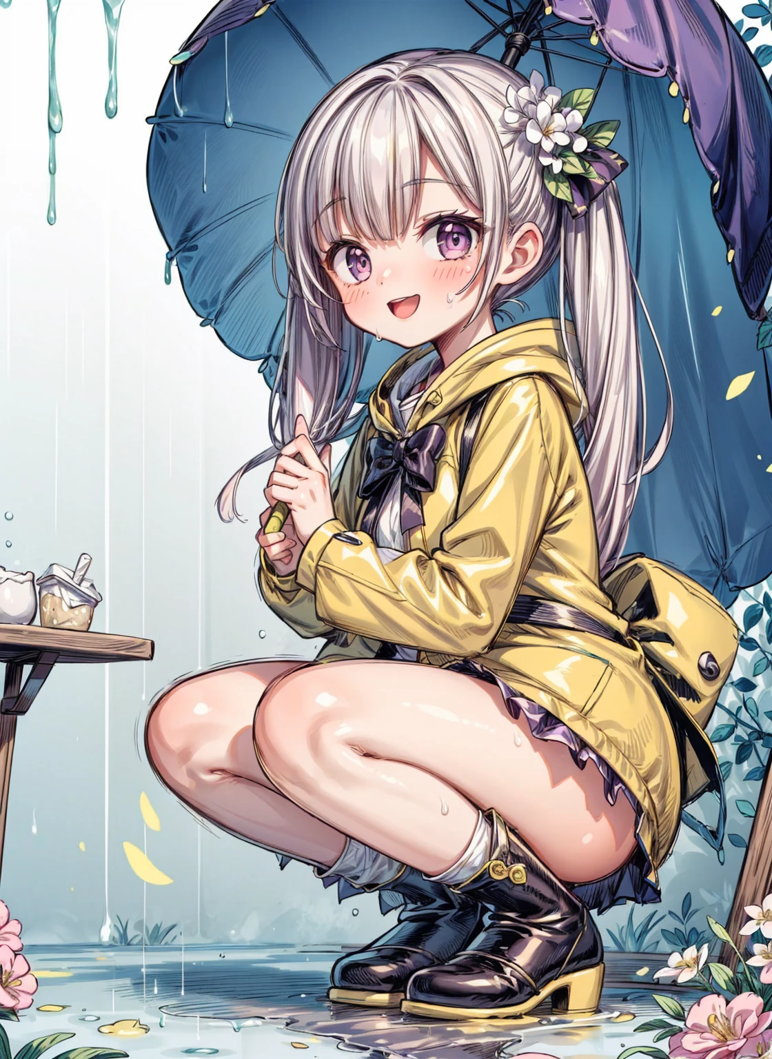 One Girl,rainbow,raincoat,yellow raincoat,rubber Knee-high boots,Hydrangea,flower,Long Hair,Twin tails,Knee-high boots,blush,umbrella,Open your mouth,hair ornaments,Food,alone,Terboz,very Long Hair,Food up,Long sleeve,Low Ponytail,bow,bangs,smile,animal Food,closed umbrella,puddle,Cowboy Shot、squat,:d,Yellow footwear, background,pink flower,Are standing,leaf umbrella,Holding umbrella,food-themed hair ornaments,hair bow,animal ears,Holding,bionde,hair flower,rain,animal,Gray Hair、Light purple eyes、Bob Hair、Laughter、Purple Raincoat、(((((heavy,Girl who pees in front of her)))),((Girl peeing forward、A girl urinating vigorously in front of her、Girl urinating a lot in front)), NSFW,Golden liquid dripping down my legs)