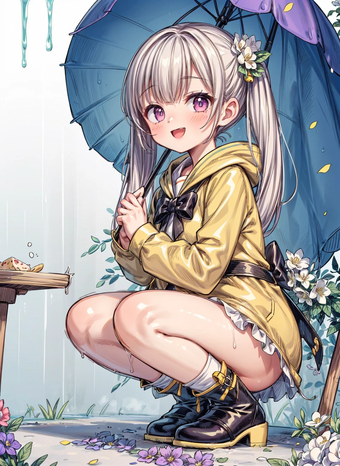 One Girl,rainbow,raincoat,yellow raincoat,rubber Knee-high boots,Hydrangea,flower,Long Hair,Twin tails,Knee-high boots,blush,umbrella,Open your mouth,hair ornaments,Food,alone,Terboz,very Long Hair,Food up,Long sleeve,Low Ponytail,bow,bangs,smile,animal Food,closed umbrella,puddle,Cowboy Shot、squat,:d,Yellow footwear, background,pink flower,Are standing,leaf umbrella,Holding umbrella,food-themed hair ornaments,hair bow,animal ears,Holding,bionde,hair flower,rain,animal,Gray Hair、Light purple eyes、Bob Hair、Laughter、Purple Raincoat、(((((heavy,Girl who pees in front of her)))),((Girl peeing forward、A girl urinating vigorously in front of her、Girl urinating a lot in front)), NSFW,Golden liquid dripping down my legs)