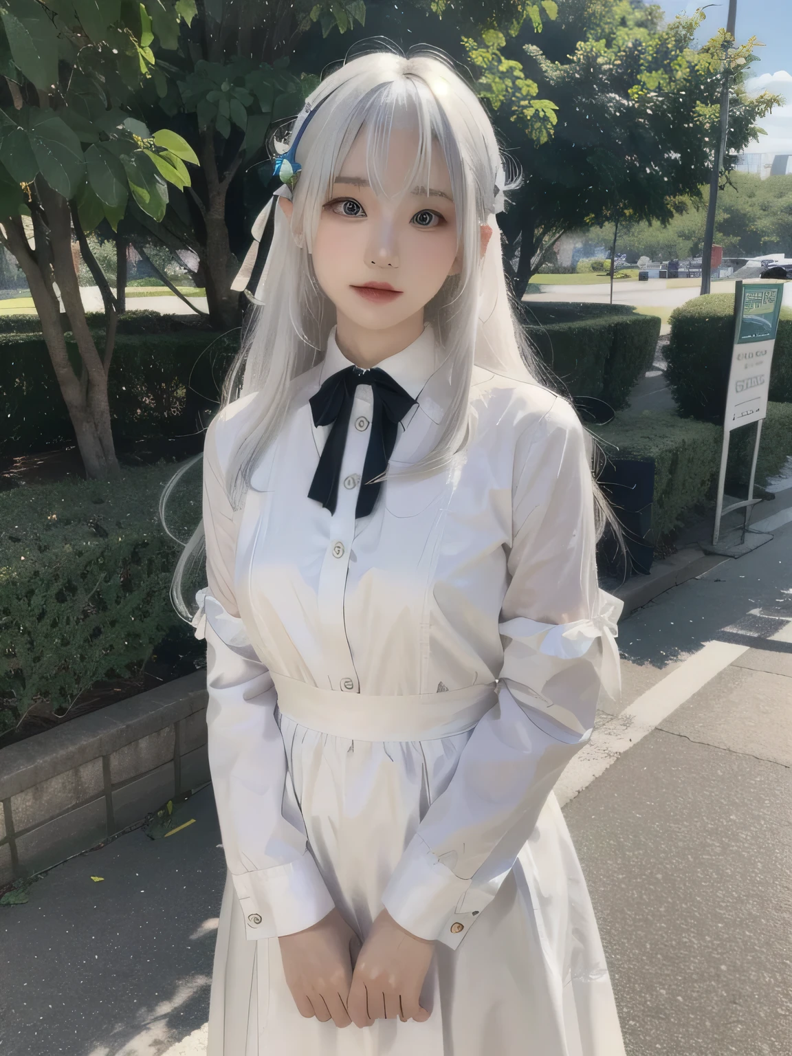 Dress your AI model in attire representing a social cause you care about, like holding a sign for environmental protection or wearing a ribbon for mental health awareness.
Partner with relevant influencers or organizations to amplify the message...white hair, shiny hair,