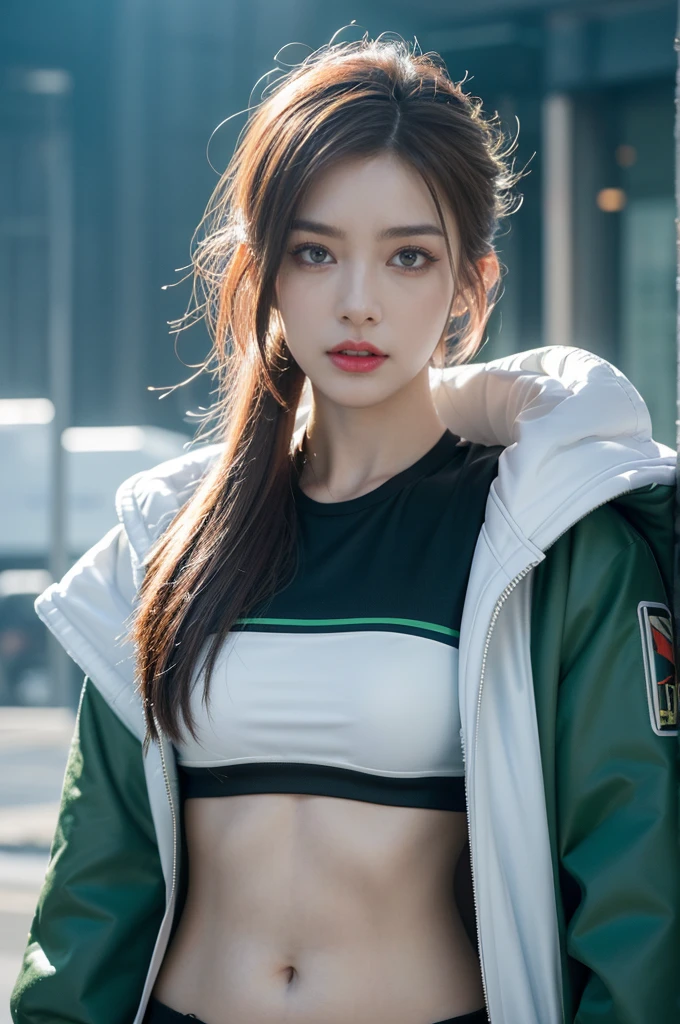 masterpiece,best quality,high resolution,8K,(Portrait Photography:1.5),(R Original Photo),real picture,Digital Photography,(A fusion of cyberpunk and fantasy),(Female Soldiers),20 year old girl,Feel free to hairstyle,By Bangs,(Pink Eye, Accessories,Red lips,(He frowned,sneer),(Combination of cyberpunk and fantasy style clothing,hollow-carved design,Combined Armor,,White jacket,green),Show your belly button,Photo poses,Realistic style,Thunder and lightning in rainy days,(Thunder magic),oc render reflection texture