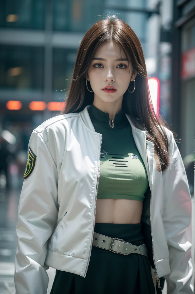 masterpiece,best quality,high resolution,8K,(Portrait Photography:1.5),(R Original Photo),real picture,Digital Photography,(A fusion of cyberpunk and fantasy),(Female Soldiers),20 year old girl,Feel free to hairstyle,By Bangs,(Pink Eye, Accessories,Red lips,(He frowned,sneer),(Combination of cyberpunk and fantasy style clothing,hollow-carved design,Combined Armor,,White jacket,green),Show your belly button,Photo poses,Realistic style,Thunder and lightning in rainy days,(Thunder magic),oc render reflection texture