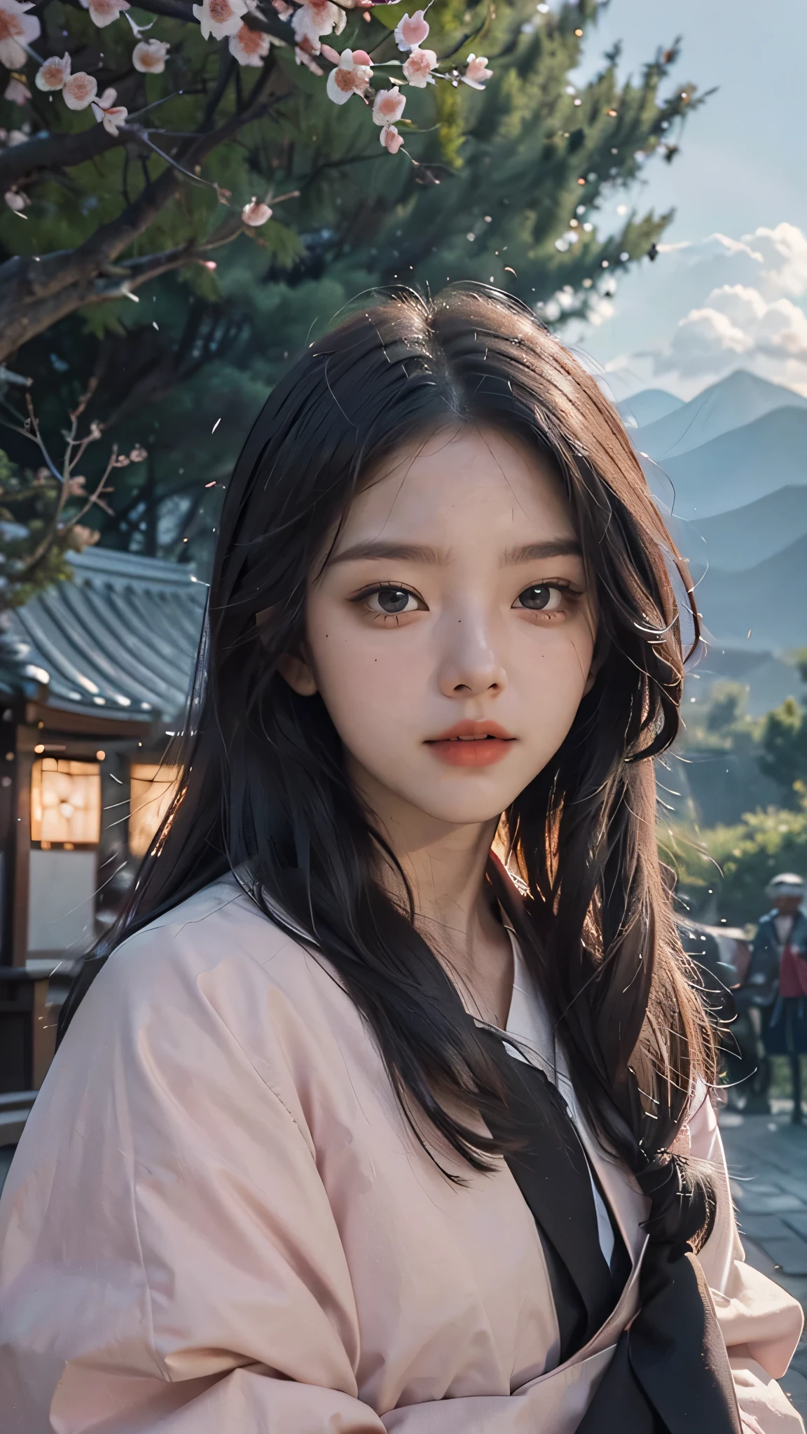 (best quality, masterpiece),(1girl, miko, coat, expression face, black eyes, looking at front ,black hair, walking, upper body), (night strray sky, huge old tree behind, falling glowing pink petals behind, shrine behind, mountain background, blowing wind, meteoric cloud)