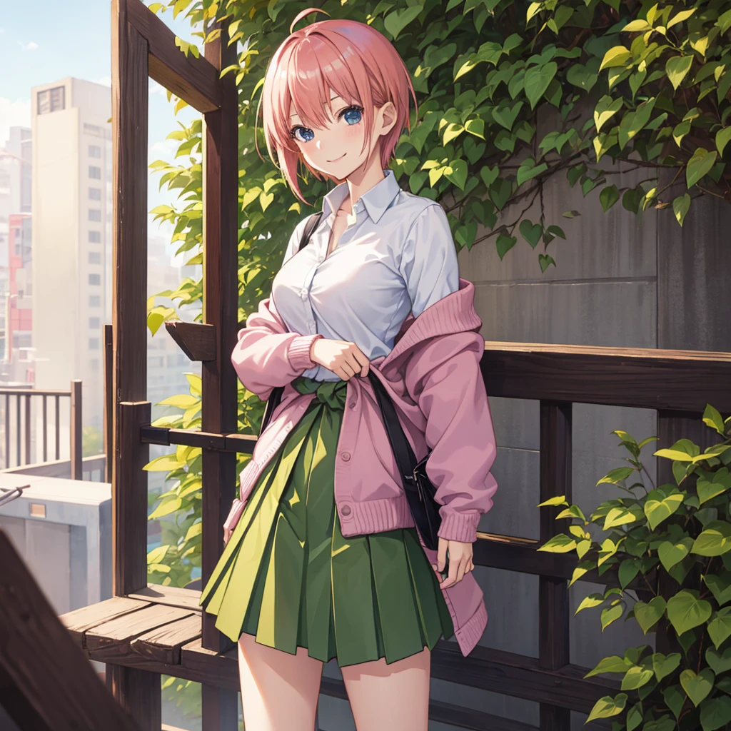 2D, masterpiece, Highest quality, anime, Very detailed, One girl, alone, Cowboy Shot, Nakano Ichika, Pink Hair, short hair, Cardigan around the waist, Collared shirt, Green Skirt, mini skirt, Medium chest, Are standing, School, Outdoor, smile