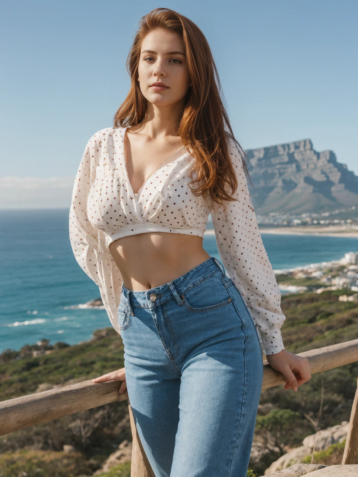 her name is Elektra, high quality, 1girl, ((20-year-old fit Caucasian woman)), ((20 years old)), ((fit)),((large breasts)), long auburn hair, pose: standing, wearing Polka Dot Mesh Long Sleeve with Patchwork High-Waisted Jeans, BACKGROUND: From the stunning vistas of Cape Town, nestled between Table Mountain and the expansive Atlantic Ocean