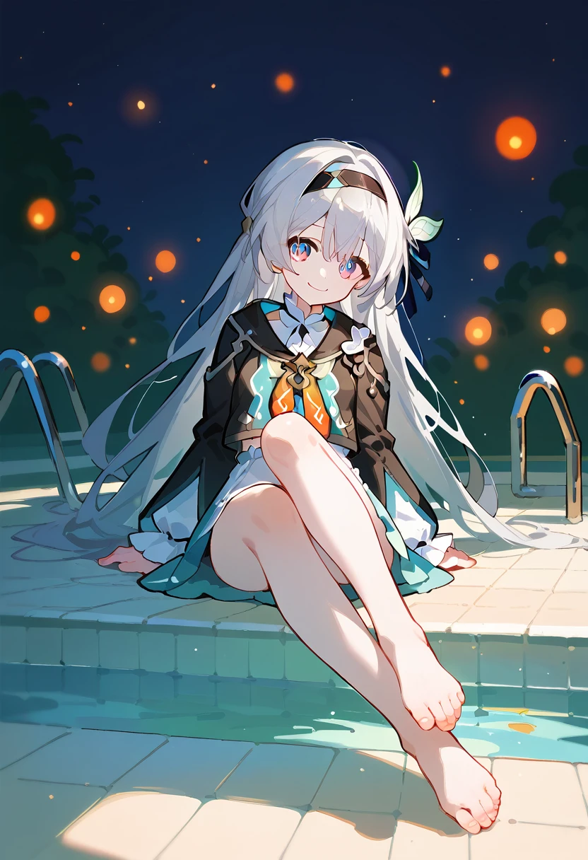 (One girl, alone, alone focus),
fire Fly,head band, hair ornaments, Silver Hair, smile,Fidgeting with your feet,whole body,Night Pool,
