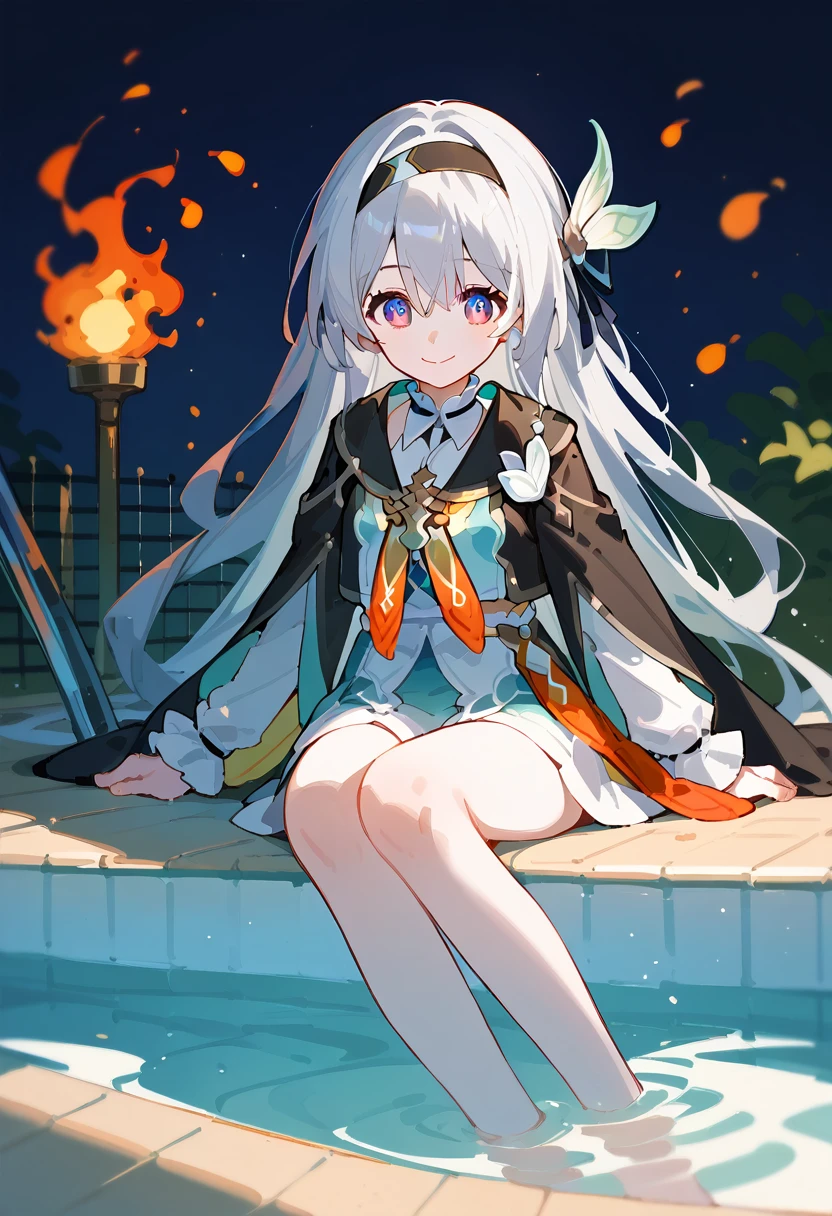 (One girl, alone, alone focus),
fire Fly,head band, hair ornaments, Silver Hair, smile,Fidgeting with your feet,whole body,Night Pool,