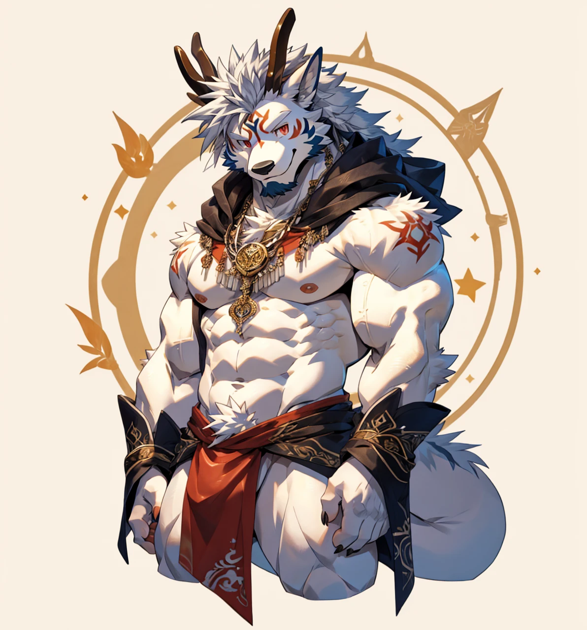 nsfw,Solo, dragon, white dragon, eastern dragon male, gray hair, white body fur, muscular male, elder male, light red eyes, wearing nothing,gray fur tuft, eastern necklace, star night background, ( by Sollyz, masterpiece, 8k, hd), Looking at viewer, smiling, detailed face, detailed eyes, detailed hair, detailed muscles, detailed clothes, Genshin, nsfw, nude lower body, big penis,