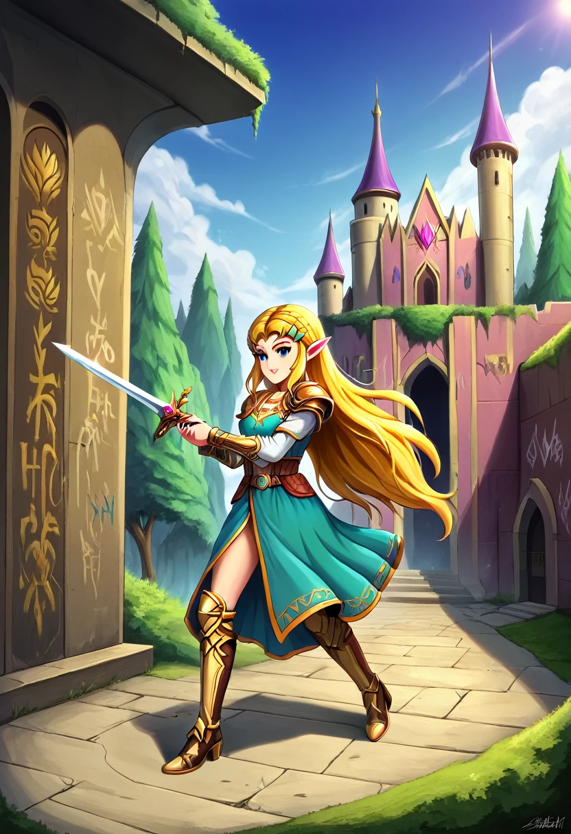 a  graffiti painting art on the wall of the castle of Princess Zelda on the wall of a castle, ,Princess Zelda (intense details, Masterpiece, best quality: 1.5), wearing intricate green dress, delicate diamond crow, armed with magical sword, ultra detailed face, ultra feminine, fair skin, exquisite beauty, gold hair, long hair, wavy hair, small pointed ears, dynamic eyes color, wearing heavy green and white armor, shinning metal, armed with elven sword, ais-graffiti, chumbasket art style, graffiti art, Wielding sword