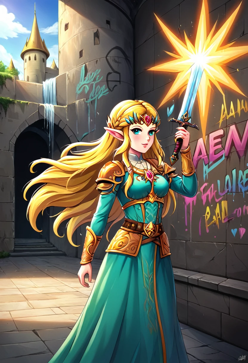 a  graffiti painting art on the wall of the castle of Princess Zelda on the wall of a castle, ,Princess Zelda (intense details, Masterpiece, best quality: 1.5), wearing intricate green dress, delicate diamond crow, armed with magical sword, ultra detailed face, ultra feminine, fair skin, exquisite beauty, gold hair, long hair, wavy hair, small pointed ears, dynamic eyes color, wearing heavy green and white armor, shinning metal, armed with elven sword, ais-graffiti, chumbasket art style, graffiti art, Wielding sword