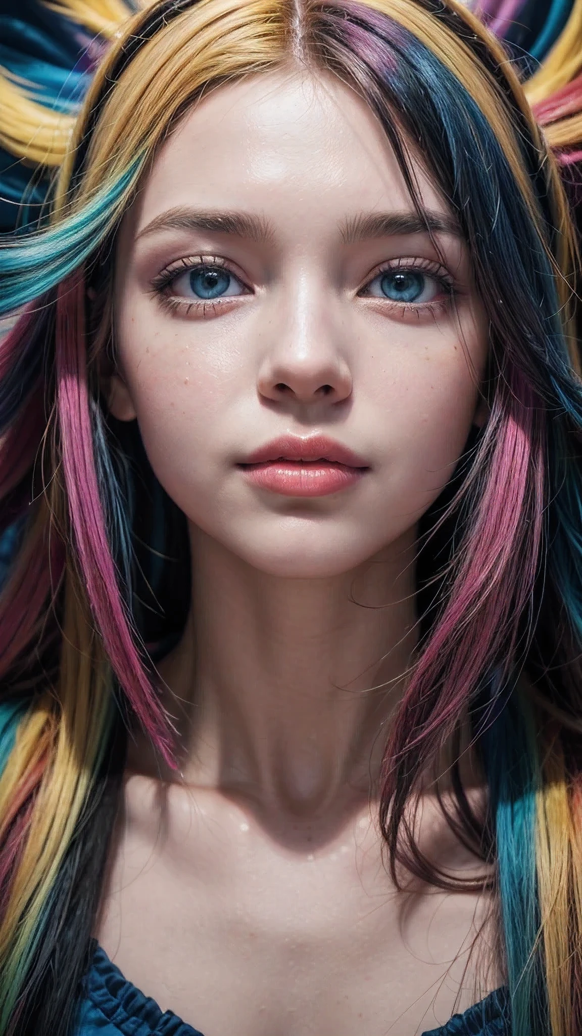 A vibrant and captivating abstract painting of a young woman's face, where the canvas is overlaid with intricate patterns of light reflections. The colors are bold and vivid, with a swirling blend of blues, oranges, and yellows. The woman's eyes are exaggerated and painted with a kaleidoscope of hues, while her lips are a bold fuchsia. The light reflections create a sense of depth and dimension, as if the painting is coming alive with energy., vibrant