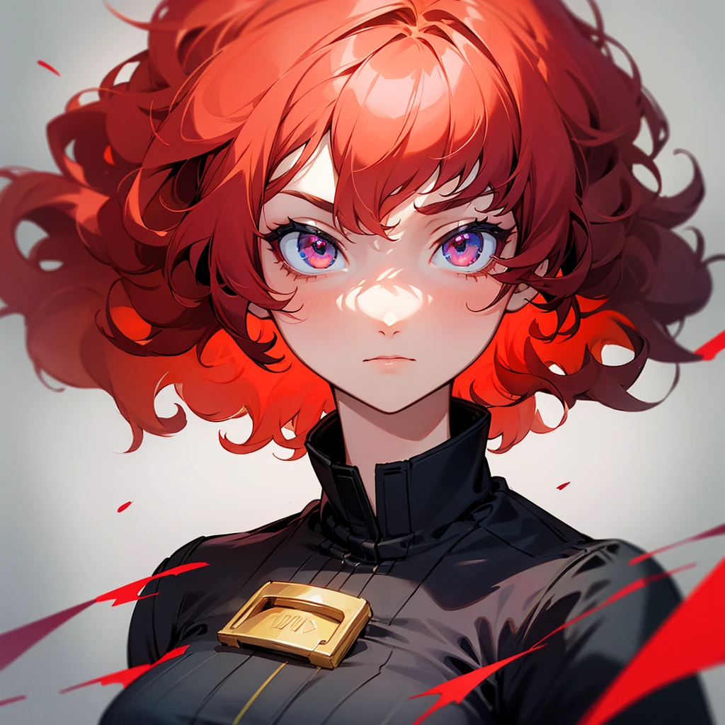 Girl with short, curly hair, red locks and colorful eyes but with a serious expression. 