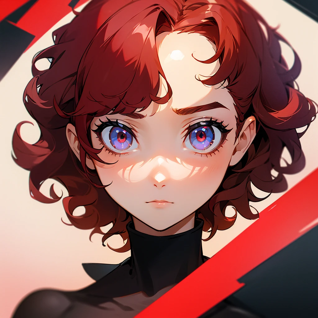 Girl with short, curly hair, red locks and colorful eyes but with a serious expression. 