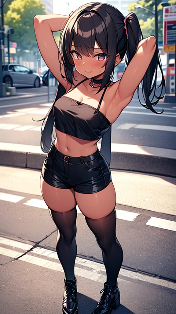 masterpiece, best quality, ultra detailed, 1girl, dark skin, twin tails, thighhighs, (micro short shorts), tube top, full body, street, medium breasts, armpit, naughty face, 