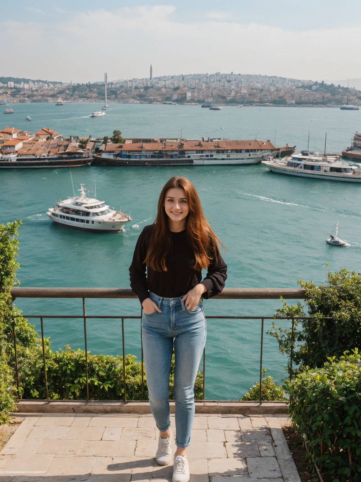 her name is Annie, high quality, 1girl, ((20-year-old fit Caucasian woman)), ((20 years old)), ((fit)) auburn long hair, pose: standing, wearing colored unique g gen Z modern wear, BACKGROUND: Lived between Europe and Asia in Istanbul, with its ancient mosques, bustling bazaars, and breathtaking views of the Bosphorus.