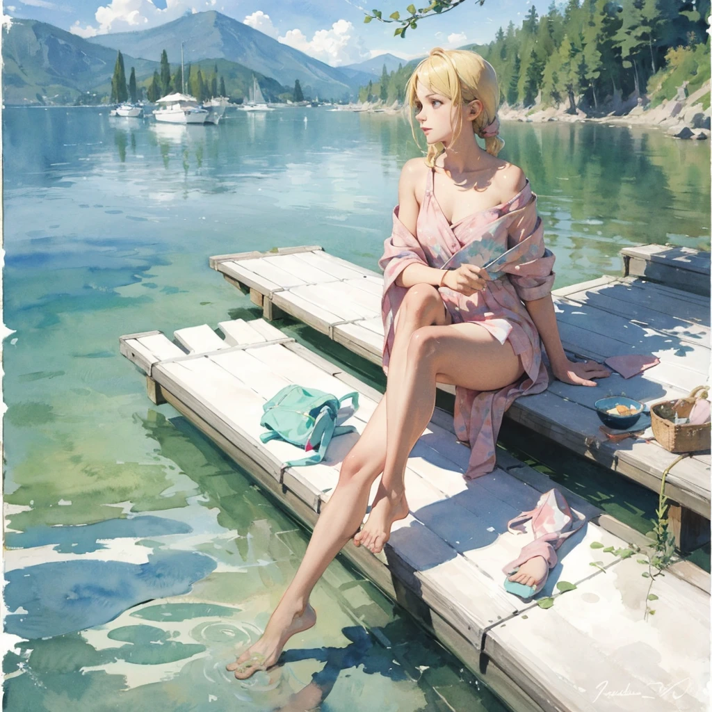 Tranquil voyager girl, in watercolor style, Photorealism, discreet pink and mint shades, barefoot, blonde hair