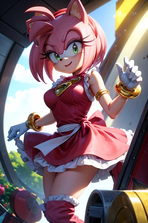 Amy Rose young pink hedgehog with green eyes. It measures 1 meter and weighs approximately 25 kg.. She wears a red dress with a white bow on her chest and wears red boots with white details.... She wears a gold bracelet on each wrist and a red diadem on her head.... Her most distinctive feature is her long pink hair that reaches her waist..., which is often tied in a ponytail.