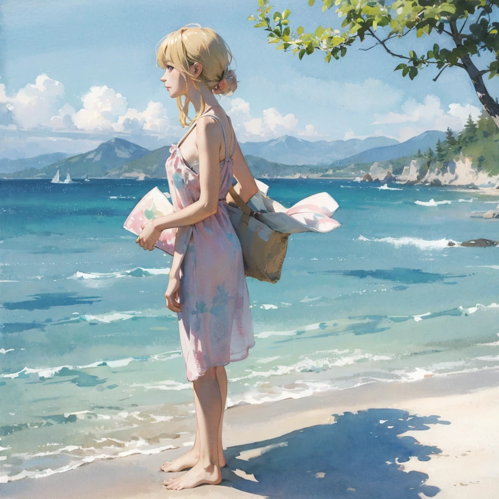Tranquil voyager girl, in watercolor style, Photorealism, discreet pink and mint shades, barefoot, blonde hair