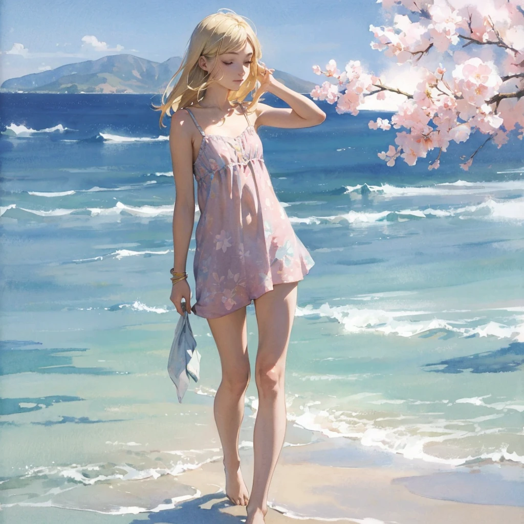Tranquil voyager girl, in watercolor style, Photorealism, discreet pink and mint shades, barefoot, blonde hair