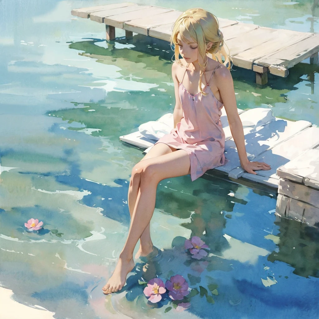 Tranquil voyager girl, in watercolor style, Photorealism, discreet pink and mint shades, barefoot, blonde hair