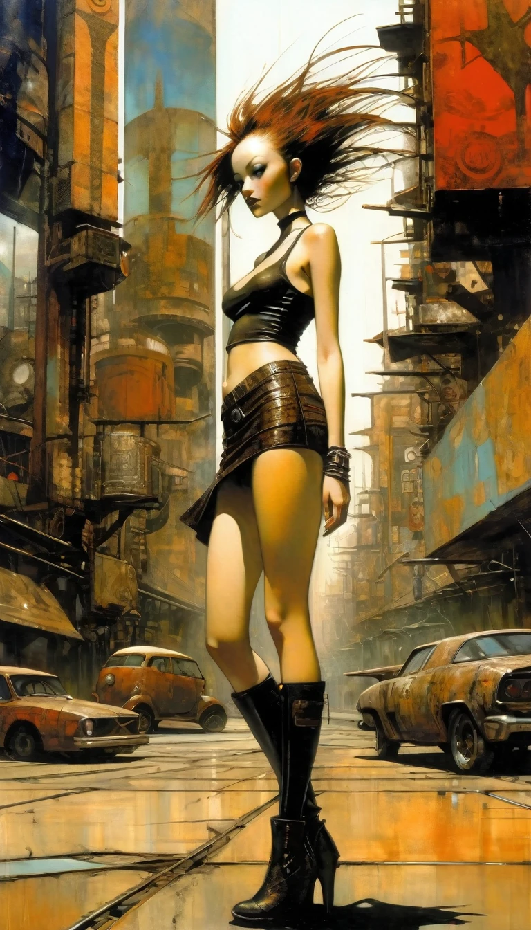 Future sexy girl in a futuristic city.1.5, rusty metal city, lots of details, cars, buildings, billboards, leather miniskirt and very tight tank top, (Dave Mckean inspired art, intricate details, oil painting)
