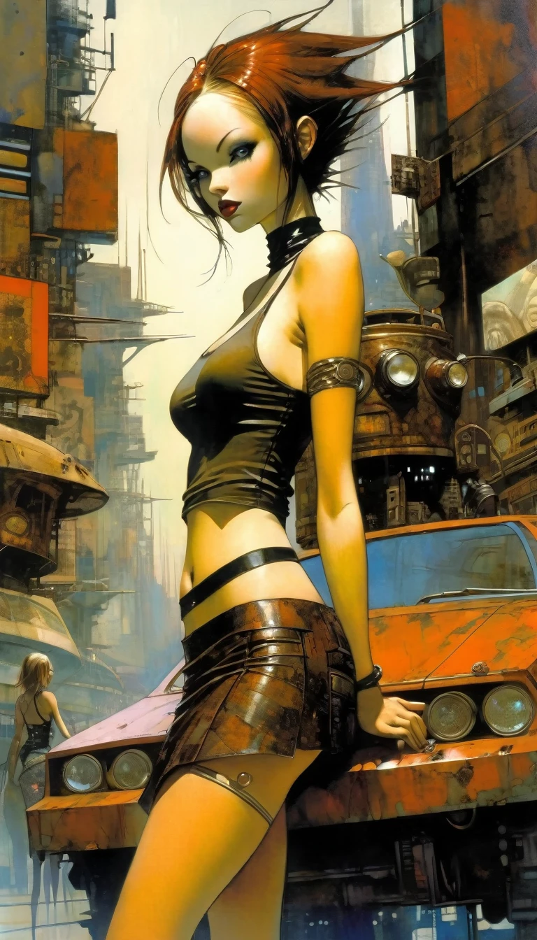 
best quality, masterpiece, 8k, extreme wide-angle perspective distortion, low angle looking up (AshleyWoodArtAI:1.3), Future sexy asian blonde girl with twin-tails in a futuristic city.1.5, rusty metal city, lots of details, cars, buildings, billboards, nude NAKED TORSO, NUDE BREASTS and very tight tank top, ((red latex thigh high stocking extreme-highheel-wedge boots)) , standing pose (Dave Mckean inspired art, intricate details, oil painting) ,centered,scale to fit dimensions,Rule of thirds, heavy brushstrokes, blurred details, occasional burst of vivid color, dim lit setting, big ass, front view, extreme wide-angle perspective distortion, 
