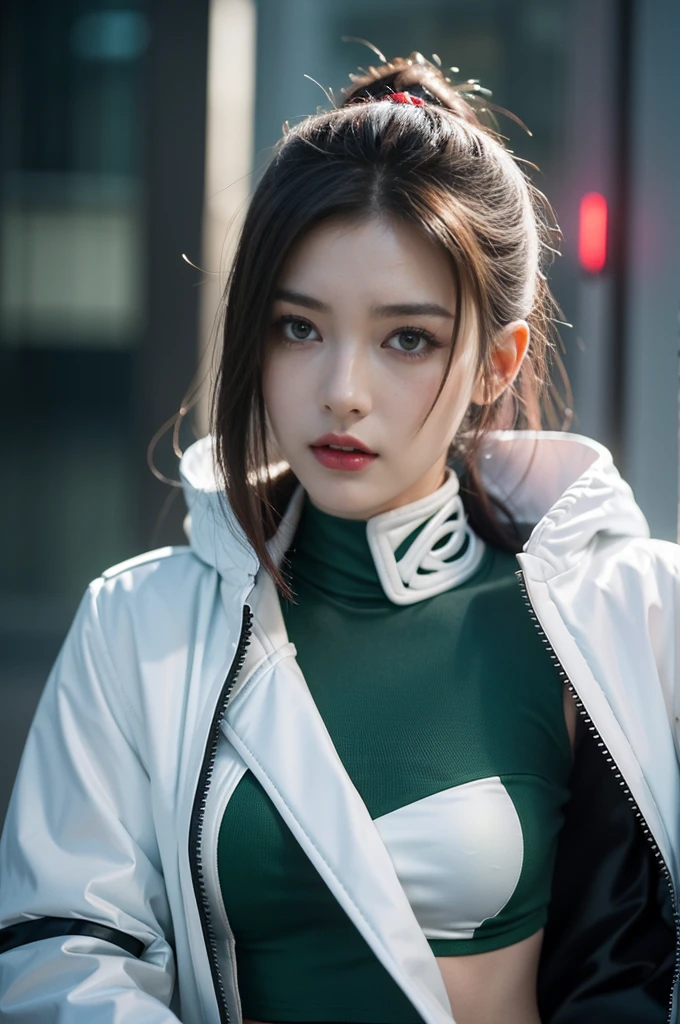 masterpiece,best quality,high resolution,8K,(Portrait Photography:1.5),(R Original Photo),real picture,Digital Photography,(A fusion of cyberpunk and fantasy),(Female Soldiers),20 year old girl,Feel free to hairstyle,By Bangs,(Pink Eye, Accessories,Red lips,(He frowned,sneer),(Combination of cyberpunk and fantasy style clothing,hollow-carved design,Combined Armor,,White jacket,green),Show your belly button,Photo poses,Realistic style,Thunder and lightning in rainy days,(Thunder magic),oc render reflection texture