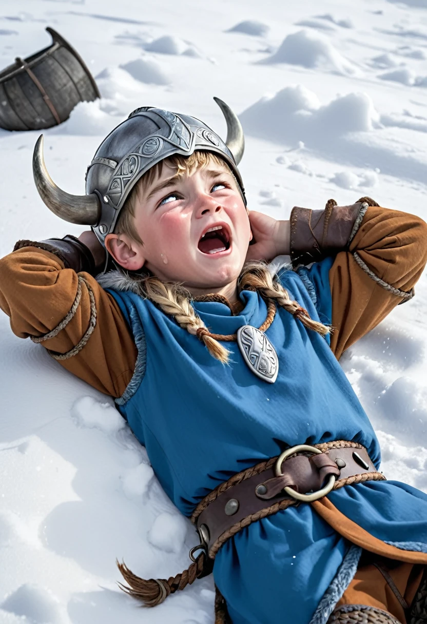 viking boy lying in the snow crying with his hand raised