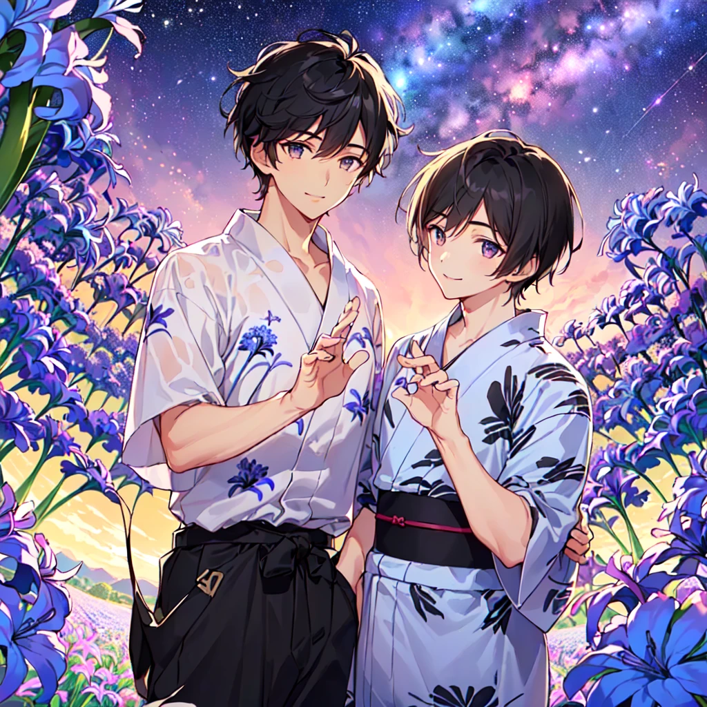 masterpiece,best quality,high quality,(1 male austere handsome solo adult age 30 years old:1.5), purple eyes, cool with suspended eyes, V-shaped eyebrows, body strong and fearless 8.5 head tall, height 185cm, (well-groomed black hair short to neck:1.4), (bangs 1.4), (short black hair parted into 7 thirds: 1.4), slender nose, facial muscles, throat, (summer yukata with short sleeves and pants with agapanthus flower print: 1.3), (stylish pose), (cool smile: 1.3), (background agapanthus flower field: 1.3), (Milky Way Night Sky: 1.3)