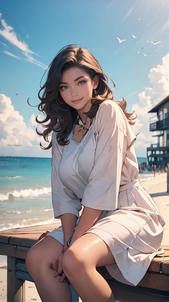 ((最high quality, 8K, masterpiece: 1.3, Ultra HD, high quality, 最high quality, High resolution, realism)) 、18-year-old Caucasian man、Women、 Hair  is black、 hair is wavy、smile、(((front)))、sit on a high breakwater on the beach、blue sky、(((Girls&#39; school uniform)))、(((mini skirt)))、White panties、Leg spread、Showing panties:1.55
