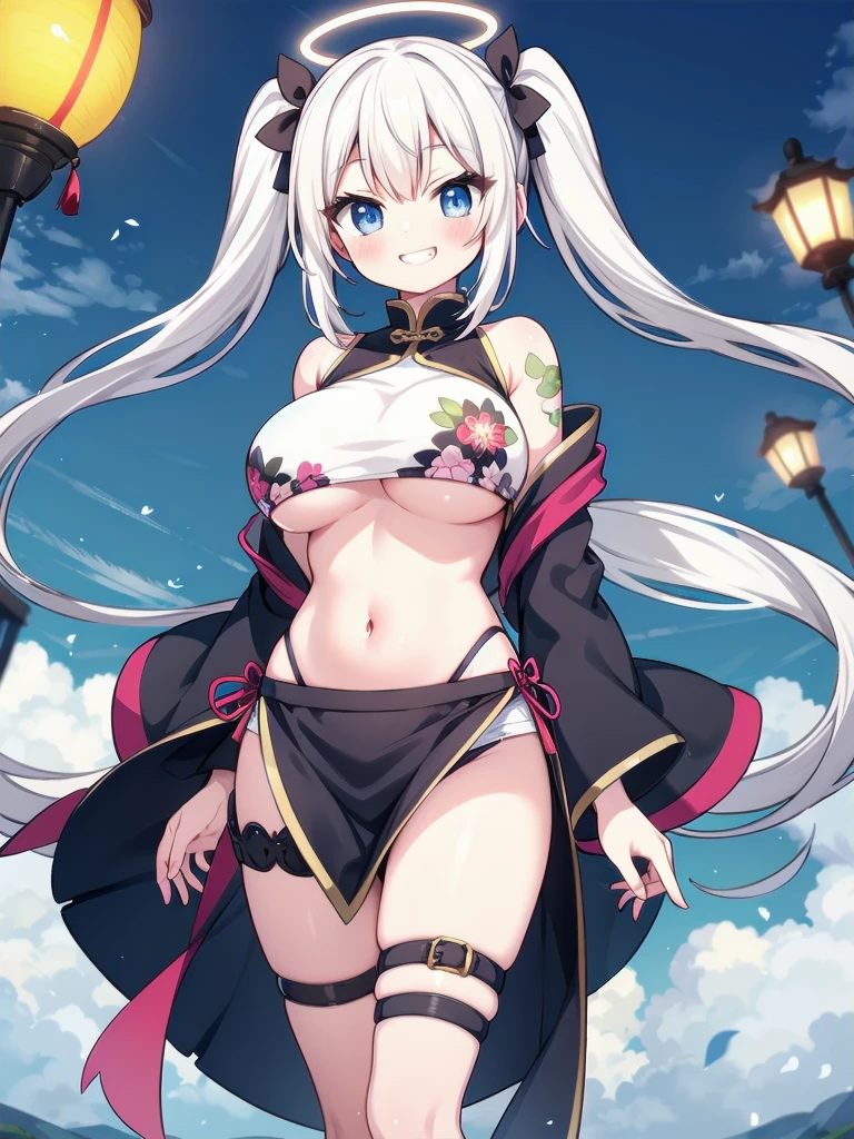 a very feminine japanese anime girl in some very provocative undies, 1girl, solo, breasts, stomach, smile, navel, twintails, long hair, thigh strap, blue eyes, looking at viewer, bare shoulders, long sleeves, grin, open clothes, underboob, gigantic breasts, paper lantern, thighs, pelvic curtain, off shoulder, white hair, lantern, chinese clothes, halo, floral print, very long hair, cup, sleeveless, standing, groin, (windy:1.4), skirt lift