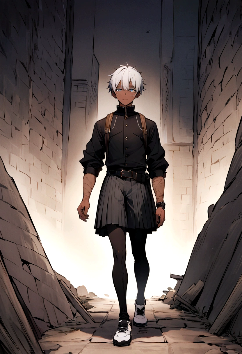 Masterpiece,Best Quality,4K quality,unparalleled clarity,full body character, delicate face,
,sports student,dark skin(1.5),muscle(0.3),Handsome guy,beautiful,,anime characters,Blue eyes,affected smile,Male focus is prominent,The gray hair is messy, the white hair is messy.,The crotch is very big.,black leggings,white basketball shoes,beaten by a group,There are scars on the face.,The stockings were torn,There are scars on the arm.,fear,white socks,alley background,
clear face