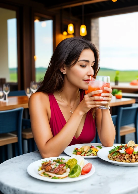 woman sitting at a table with a drink and a plate of food, with a drink, profile picture, Cold, summer's afternoon, drinking cocktail, 30 year old woman, 3 0 year old woman, by Sam Dillemans, holding a drink, taken in the early 2020s, Lt. Bernie D'Andrea, Having a good time 🤬 🤮 💕