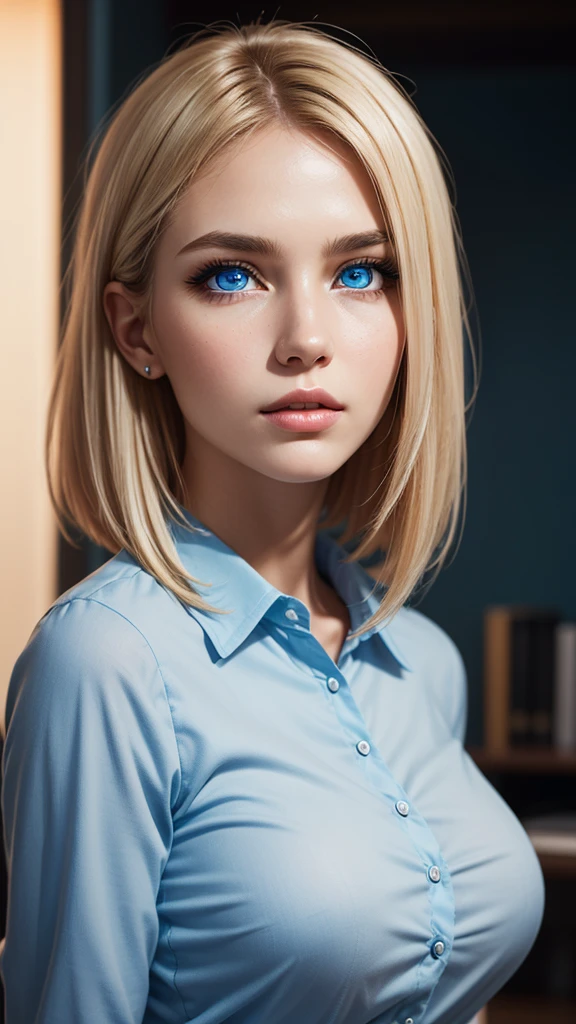 sexy woman, voluminous breast, a 25 year old woman, beauty face, lustful face, high detail, beauty lips, photorealistic, ultrarealistic, background, rtx on, Color Grading, Perspective, Depth of Field, Field of View, Tonal Colors, 8K, Full-HD, Perfectionism, Rim Lighting, Natural Lighting, Soft Lighting, Accent Lighting, Diffraction Grading, hot woman , super detailed, (( Detailed beautiful blue eyes )) , blonde hair , short straight hair, ( office clothes ), face portrait, look forward