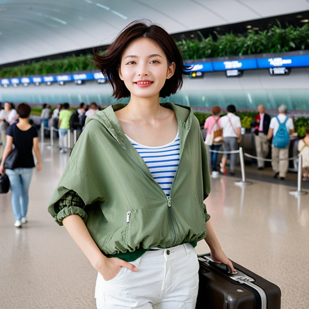 beautiful korean girl , 32 inch chest size, Your eyes are big and pretty. Short in stature. Standing in the departure hall of the airport. . short medium hair, Standing in line at the departure hall of Frankfurt Airport, Germany. He wore a white shirt, a green jumper, and white casual pants.s.Dragging a suitcase. short medium hair, short height, Full body shot with Canon camera 16-35 wide angle lens, short medium hair. It's hard and a sad expression, uhd