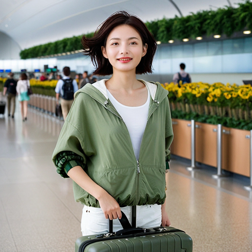 beautiful korean girl , 32 inch chest size, Your eyes are big and pretty. Short in stature. Standing in the departure hall of the airport. . short medium hair, Standing in line at the departure hall of Frankfurt Airport, Germany. He wore a white shirt, a green jumper, and white casual pants.s.Dragging a suitcase. short medium hair, short height, Full body shot with Canon camera 16-35 wide angle lens, short medium hair. It&#39;s hard and a sad expression, uhd