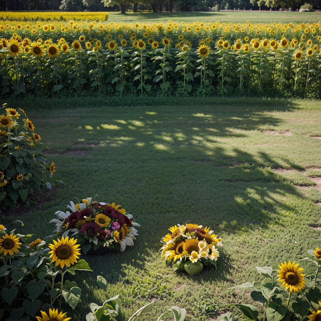 realistic portrait of two sunflowers side by side in the center of a huge lawn with several flowers in the background on a sunny day  