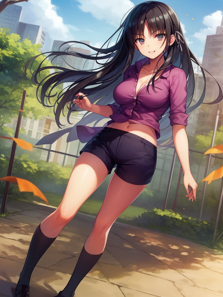 (8K, Highest quality, Highest quality, masterpiece), standing, 1girl, solo girl, only 1 girl)), fullbody, solo, cowboy shot, aasuzune, long hair, black hair, hair loose in the wind, leafs in the air, (summer sky), casual shirt, mini top, black thighhighs, ((smile)), Shorts, outdoors, large breasts, cleavage