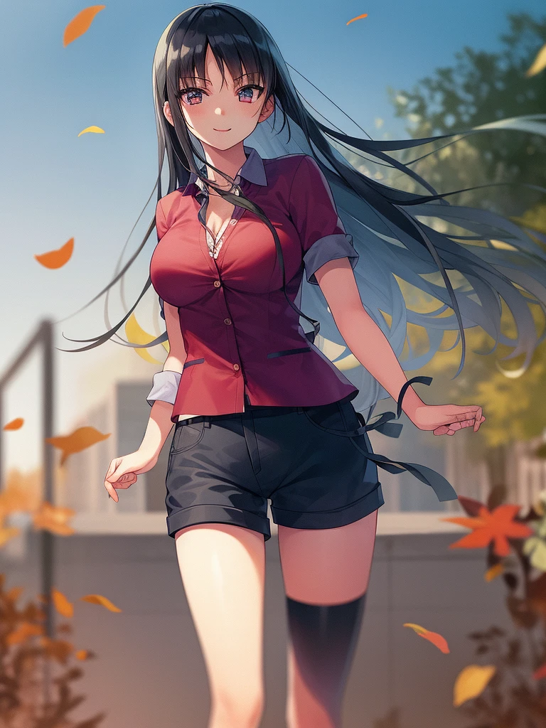 (8K, Highest quality, Highest quality, masterpiece), standing, 1girl, solo girl, only 1 girl)), fullbody, solo, cowboy shot, aasuzune, long hair, black hair, hair loose in the wind, leafs in the air, (summer sky), casual shirt, mini top, black thighhighs, ((smile)), Shorts, outdoors, large breasts, cleavage