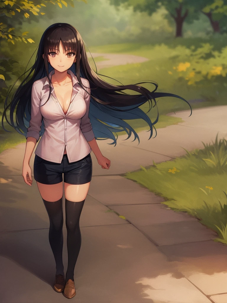 (8K, Highest quality, Highest quality, masterpiece), standing, 1girl, solo girl, only 1 girl)), fullbody, solo, cowboy shot, aasuzune, long hair, black hair, hair loose in the wind, leafs in the air, (summer sky), casual shirt, mini top, black thighhighs, ((smile)), Shorts, outdoors, large breasts, cleavage