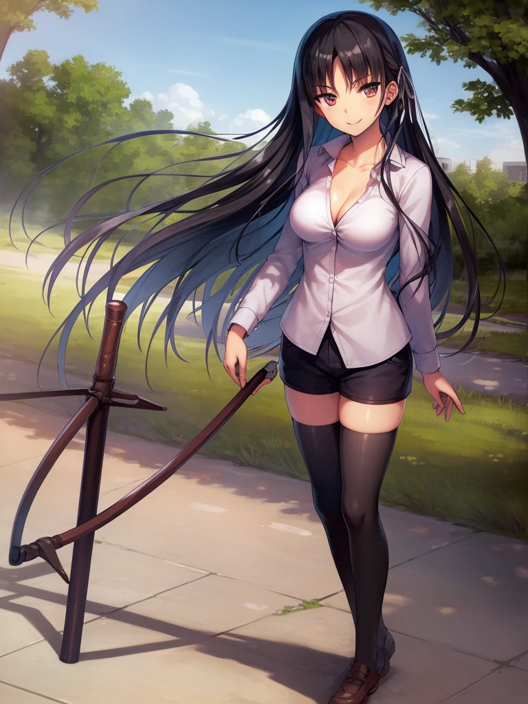 (8K, Highest quality, Highest quality, masterpiece), standing, 1girl, solo girl, only 1 girl)), fullbody, solo, cowboy shot, aasuzune, long hair, black hair, hair loose in the wind, leafs in the air, (summer sky), casual shirt, mini top, black thighhighs, ((smile)), Shorts, outdoors, large breasts, cleavage