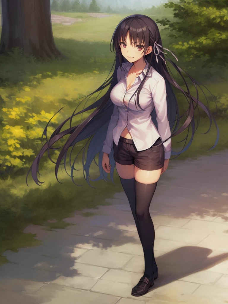(8K, Highest quality, Highest quality, masterpiece), standing, 1girl, solo girl, only 1 girl)), fullbody, solo, cowboy shot, aasuzune, long hair, black hair, hair loose in the wind, leafs in the air, (summer sky), casual shirt, mini top, black thighhighs, ((smile)), Shorts, outdoors, large breasts, cleavage