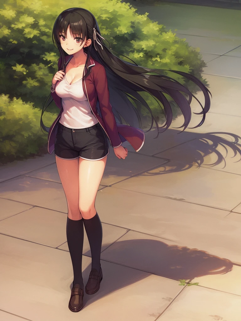 (8K, Highest quality, Highest quality, masterpiece), standing, 1girl, solo girl, only 1 girl)), fullbody, solo, cowboy shot, aasuzune, long hair, black hair, hair loose in the wind, leafs in the air, (summer sky), casual shirt, mini top, black thighhighs, ((smile)), Shorts, outdoors, large breasts, cleavage